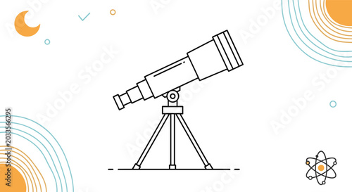 Detailed outline illustration of an astronomical telescope on a tripod surrounded by stars moon and atom symbols in space.