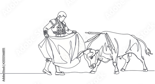 Tableau sur toile Matador and Bull Continuous Line Drawing - Minimalist Spanish Bullfighting Art