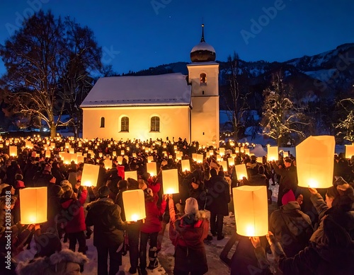 A serene winter evening scene of a crowd holding glowing lanterns