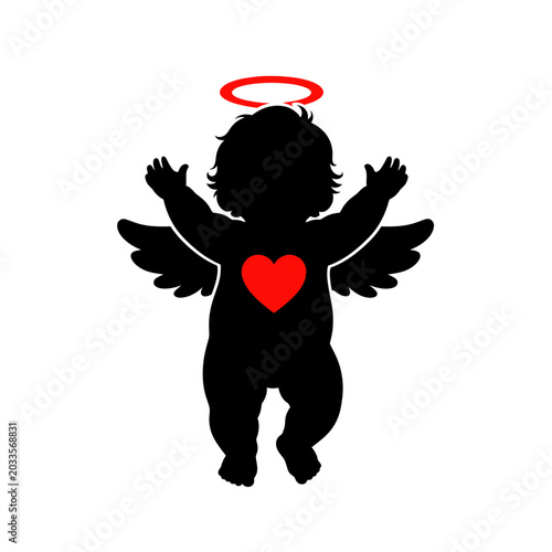 Quadro su tela Silhouette of a baby angel with wings, halo, and heart