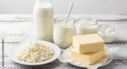 Fresh dairy products including milk yogurt butter and cheese arranged on rustic wooden surface