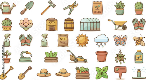 Gardening and agriculture vector icon set with garden tools, plants, flowers, greenhouse, and farming elements