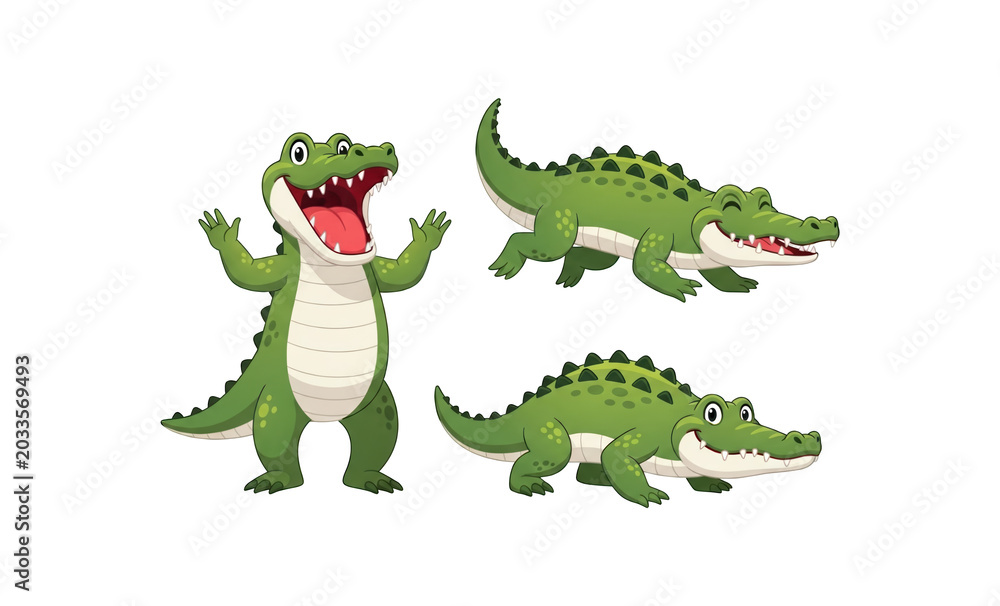 Fototapeta premium Three playful green alligators in cartoon style showing different actions and expressions