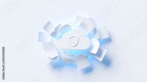 A shield on a glowing cloud surrounded by white blocks on a plain background