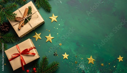 Festive gifts and decorations on a green background