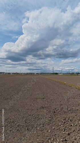 Side tracking shot of an empty unplanted rice field in spring