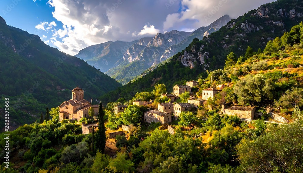 Fototapeta premium Ancient village nestled in lush green mountains under cloudy sky