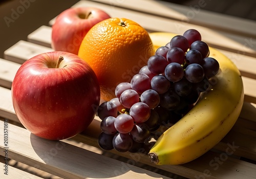 Assorted Fresh Fruits with Apples Orange Grapes and Banana on Wooden Table