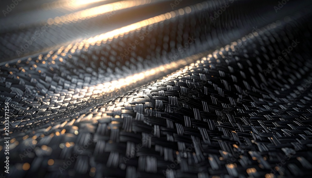 Fototapeta premium Realistic macro close-up of carbon fiber texture, woven pattern detail, seamless modern tech background, photorealistic, dramatic lighting, ultra sharp focus, shallow depth of field.