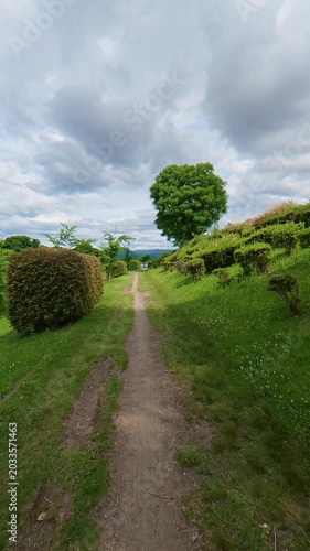 Slow motion POV shot of moving along a narrow path beside a calm lake