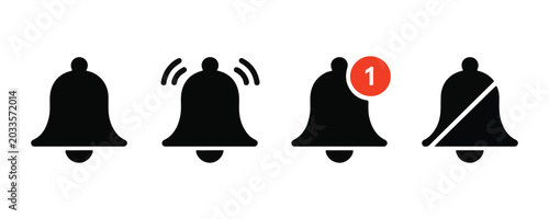 Bell notification icon set, alarm bell with new message, ringing bell, and muted bell symbols.