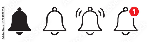 Картината върху платно Set of notification bell outline icons with vibrating effects and red numerical alert badges for ui design