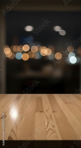 Empty wooden table top with blurred bokeh city night background