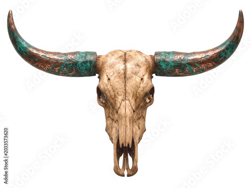 Decorative cow skull with ornate green and copper horns isolated on transparent background