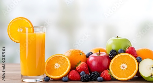 Fresh Orange Juice and Variety of Fruits on Wooden Table