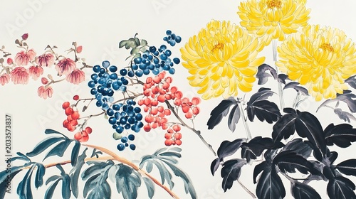 Yellow chrysanthemums blue daisies pink berry clusters watercolor traditional Asian art white background visible brushstrokes soft colors dark purple leaves