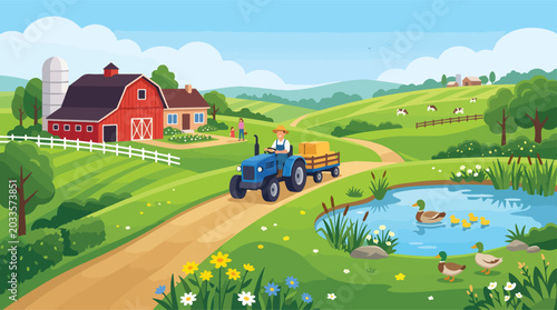 Idyllic farm landscape with red barn and tractor, rural countryside scene with rolling green hills and pond, agricultural farming vector illustration