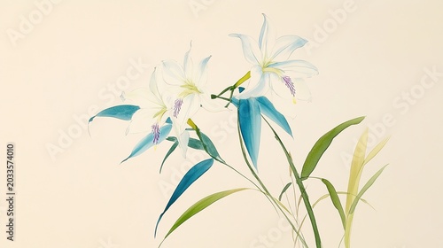 Blue green stems watercolor vertical white fuchsia centered flowers hanging light beige background sparse green grass bottom