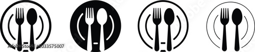 cutlery icon set with fork and spoon in a circle black and white