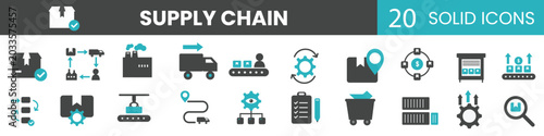 Supply chain management and logistics solid icons set. Vector illustration of industrial warehouse distribution factory conveyor and cargo transport infrastructure template.