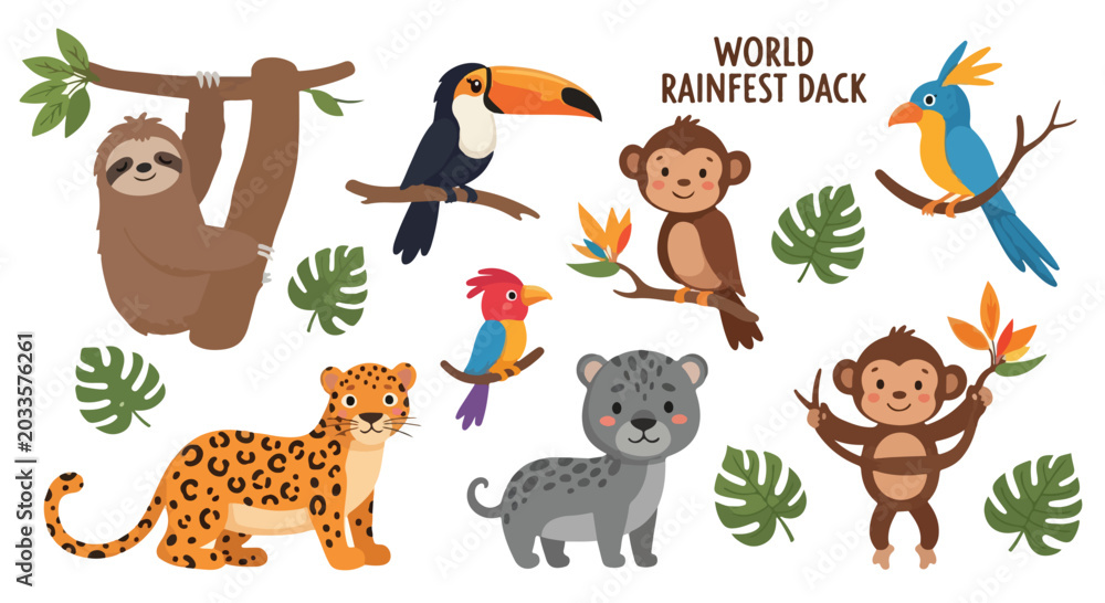Naklejka premium Tropical rainforest animal collection with cute jungle wildlife, exotic world rainforest pack of 10 icons, cartoon sloth monkey and leopard vector