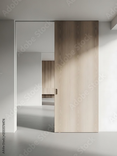 Minimalist Modern Interior with Large Light Wood Sliding Door