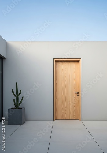 Modern Minimalist Exterior with Light Wood Door and Cactus