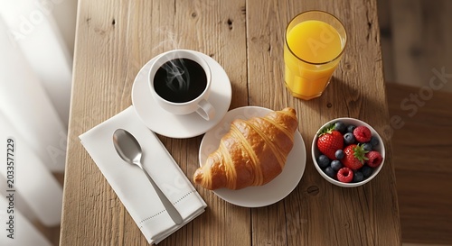 Healthy Breakfast with Hot Coffee Fresh Croissant Orange Juice and Mixed Berries