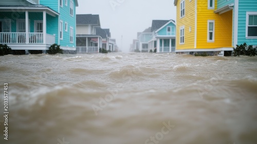 Floodwater fills a residential street lined with colorful houses under stormy skies.