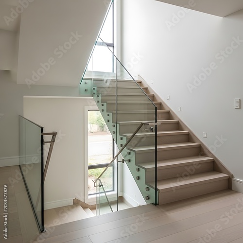 Modern Minimalist Wooden Staircase with Glass Railing and Bright Interior