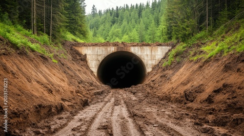 Large tunnel entrance carved into a muddy, forested hillside, surrounded by dense green trees and rough earth tracks.
