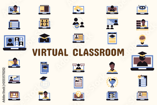 Virtual Classroom Flat Vector Illustration Icon Sticker Set Design Materials