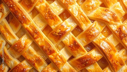Realistic macro top view of woven pie pastry lattice crust, golden baked dough, glossy finish, photorealistic, warm lighting, ultra sharp focus, shallow depth of field.
