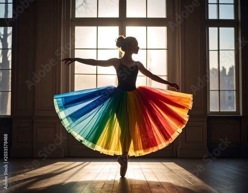 Graceful Ballet Dancer Spinning in Rainbow Skirt in Sunlit Studio