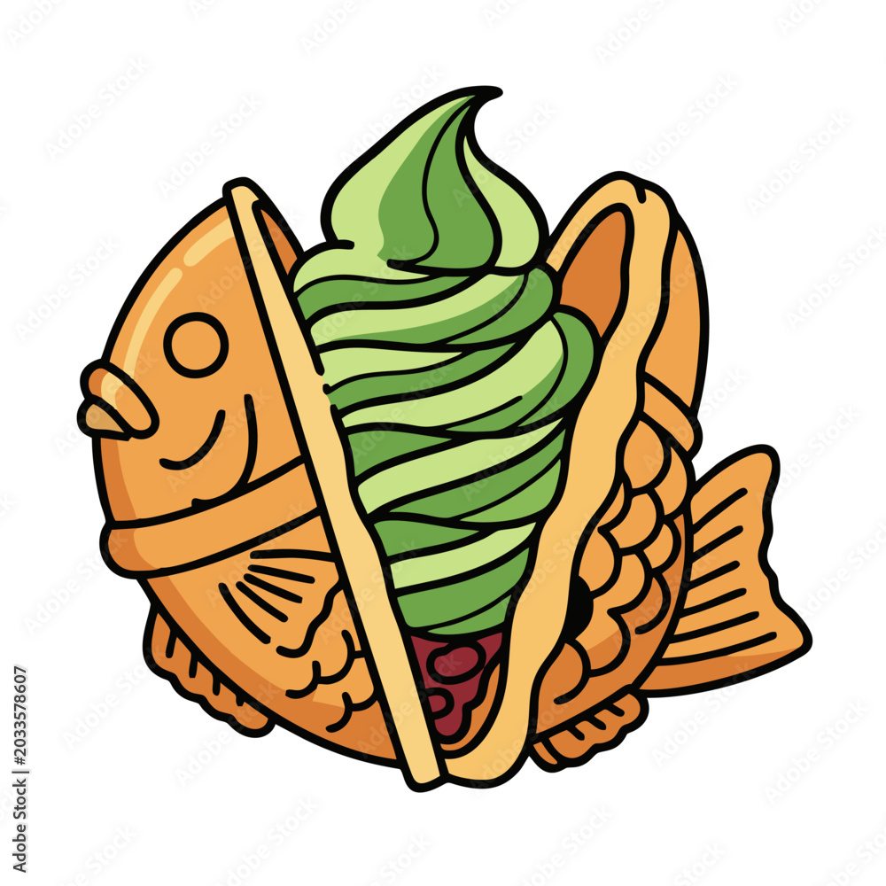 Fototapeta premium Japanese Taiyaki Fish Shaped Waffle with Matcha Green Tea Soft Serve Ice Cream Vector Illustration