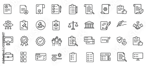 Schilderij op canvas Law compliance legal document web line icons set court hammer auction gavel scal