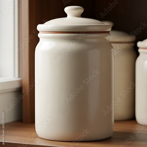 Minimalist Cream Ceramic Kitchen Canister on a Wooden Shelf
