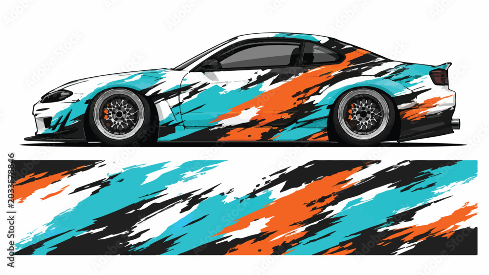 Fototapeta premium Car with abstract colorful racing stripes.