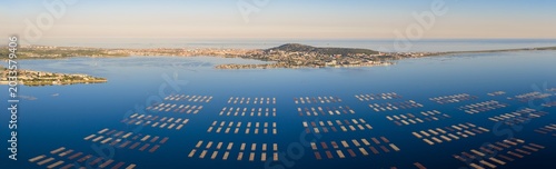 Aerial view of the oyster tables on the Etang de Thau in Occitanie, France