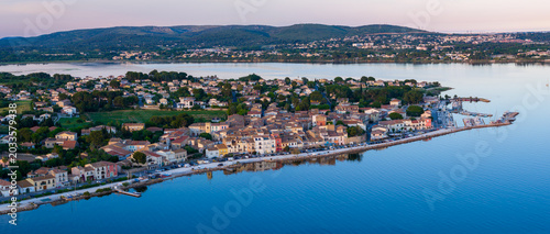 Aerial view of Bouzigues on the Thau Lagoon, in the Hérault department, Occitanie region, France