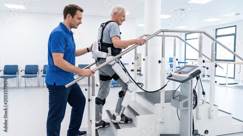 rehabilitation therapy robot concept. Physical therapist assists elderly man using robotic exoskeleton for stair rehabilitation in clinic.