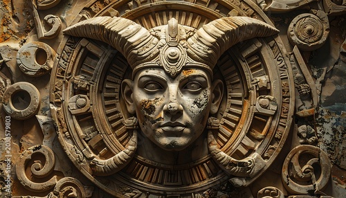 A stone carving of a horned face with intricate designs