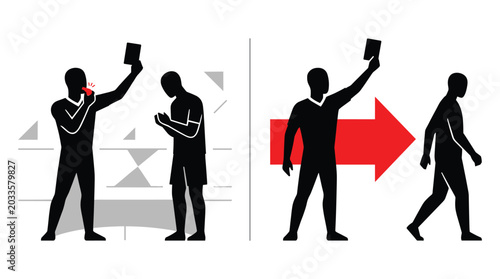 Referee silhouettes showing red card and player ejection black figures on white background arbitrator official umpire sportsman dismissal expulsion penalty redcard signal gesture action silhouette