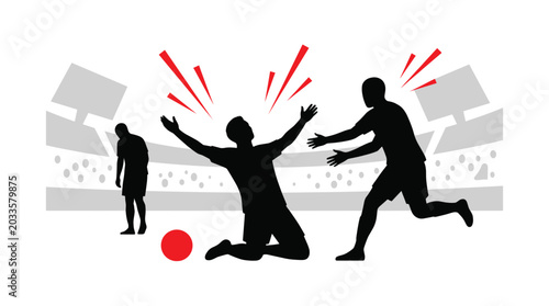 Soccer players silhouette against stadium backdrop celebrating a goal with red speed lines football athlete athletes arena black celebration victory scoring sport competition game match
