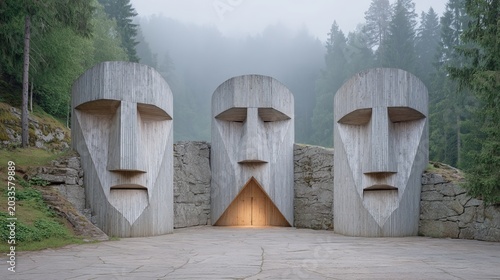 a monumental, artistic installation composed of three large, stylized human-like stone faces, with the central figure featuring a hollow triangular opening illuminated from within