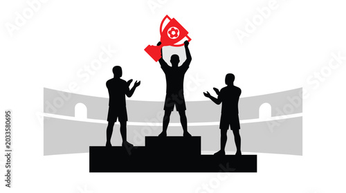 Silhouette of athletes on a podium with a trophy against a stadium background sports competition victory champions winners celebration achievement success teamwork tournament event game