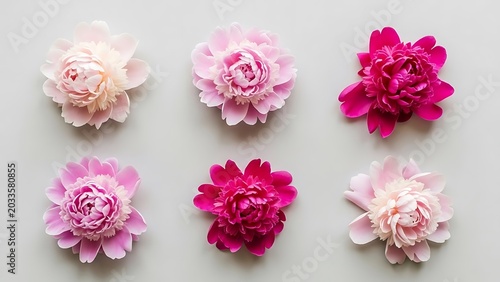Six peony flower heads in shades of pink on a light grey background