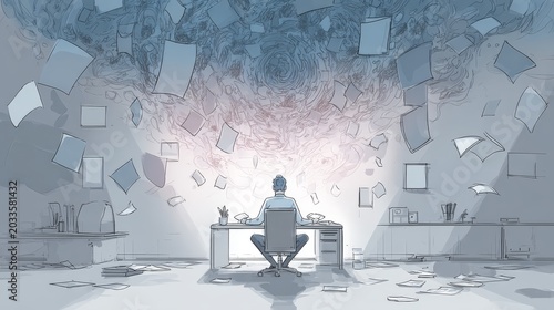 15.Professional office setting with stressed elements frozen around a calm focused worker, floating papers and icons, tranquil mood at the center, symbolic contrast of chaos versus mental clarity