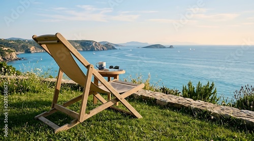 A medium-shot photo capturing a traditional teak wood folding deckchair with a beige fabric seat