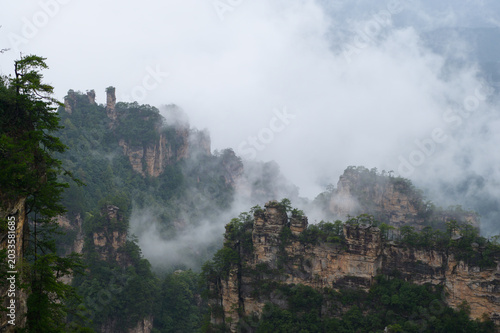 The intricate mountain mist in Zhangjiajie, a popular tourist destination in China.
